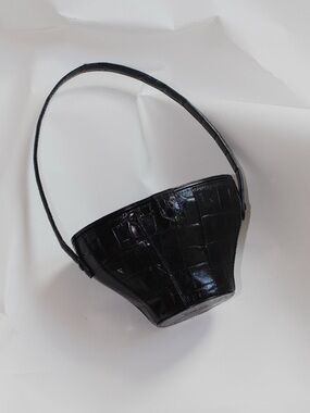 STAUD Black Croc-Embossed Mini Bucket Bag